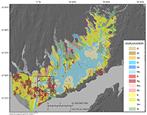 Thumbnail image for Figure 17, map showing the distribution of sediment textures within the Buzzards Bay study area on the basis of the bottom-type classification from Barnhardt and others (1998) and link to larger image.