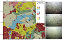 Thumbnail image for Figure 18, A, Sediment textures within an approximately 6.5- by 6-kilometer area in western Buzzards Bay. B, A photograph of the sea floor showing a gravel-cobble pavement within an area classified as rock with gravel (Rg), which corresponds with areas of high rugosity. C, A photograph of a section of sea floor classified as primarily rock with sand (Rs). D, A photograph from a section of sea floor classified as primarily sand with some mud (Sm). Click on thumbnail image to link to larger image.