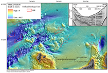 Thumbnail image for Figure 22, map showing bathymetry and areas of erosion. The hillshade relief map underlying the bathymetry layer is modified from the composite bathymetry of Buzzards Bay. <em>A</em>, striations on the sea floor are truncated estuarine and marine sediment. <em>B</em>, scour depressions where glaciolacustrine deposits (Qdl) are exposed at the sea floor. Inset is a chirp seismic-reflection profile that shows truncation and exposure of glaciolacustrine (Qdl) deposits in a scour depression north of Quicks Hole (green line). click on thumbnail to link to larger map.
