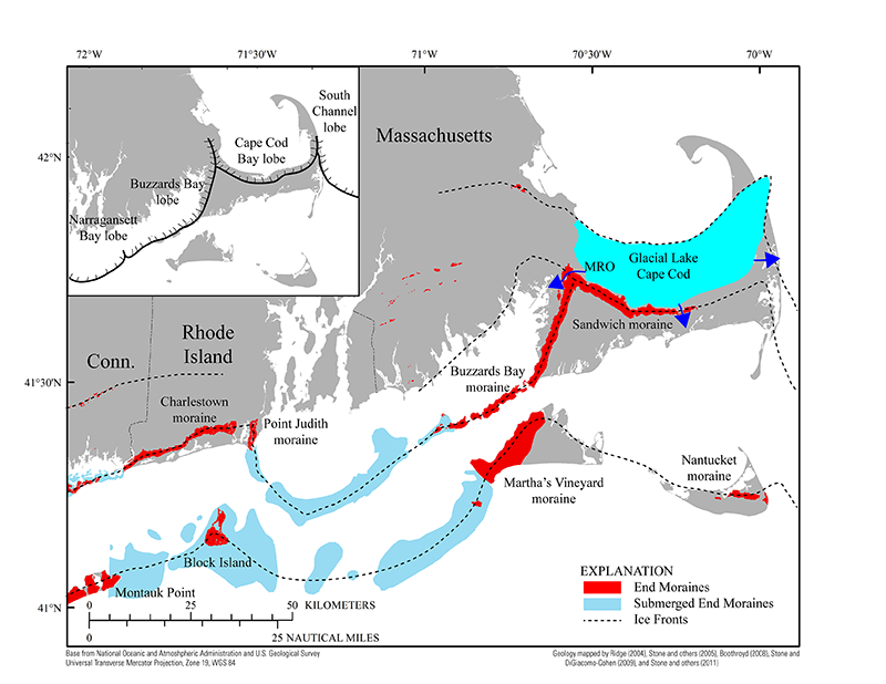 Map showing glacial moraines on land and submerged moraines and ice-front locations for southern New England.