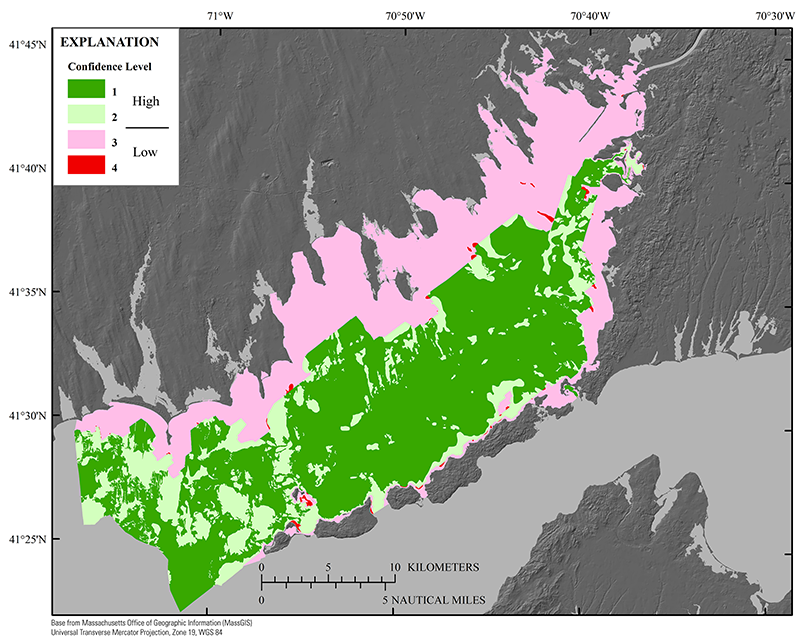Map showing the distribution of confidence levels for sediment texture interpretation (table 2) within the Buzzards Bay study area.