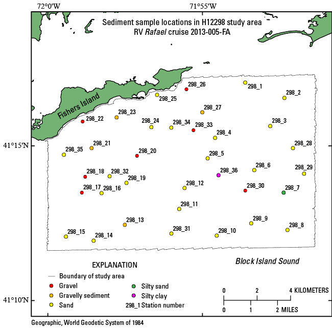 Thumbnail image showing the locations of sediment data collected during R/V Rafael cruise 2013-005 in the H12298 study area in Block Island Sound