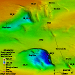 Thumbnail image of figure 14 and link to larger figure. Image of bathymetric depressions on the sea floor.