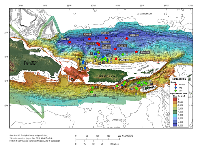 Map showing locations of SJ8 cores and bag samples, as well as archive cores.  Samples are overlaid on bathymetry data. 