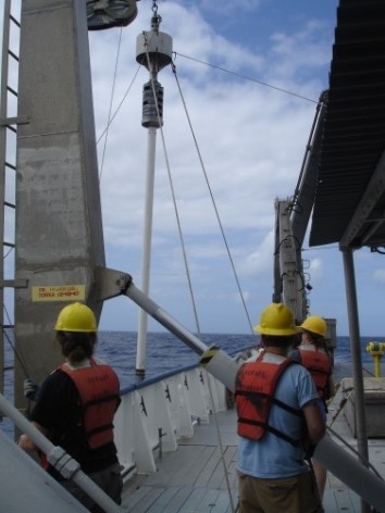 Photo showing deployment of the Woods Hole Oceanographic Institution giant gravity corer during United States Geological Survey cruise 2008–008–FA aboard the National Oceanic and Atmospheric Administration research vessel Seward Johnson.