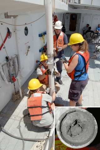 Photo showing science crew of United States Geological Survey cruise 2008–008FA aboard the National Oceanic and Atmospheric Administration research vessel Seward Johnsoncutting a collected core into sections. Inset photograph shows the end section of a core.