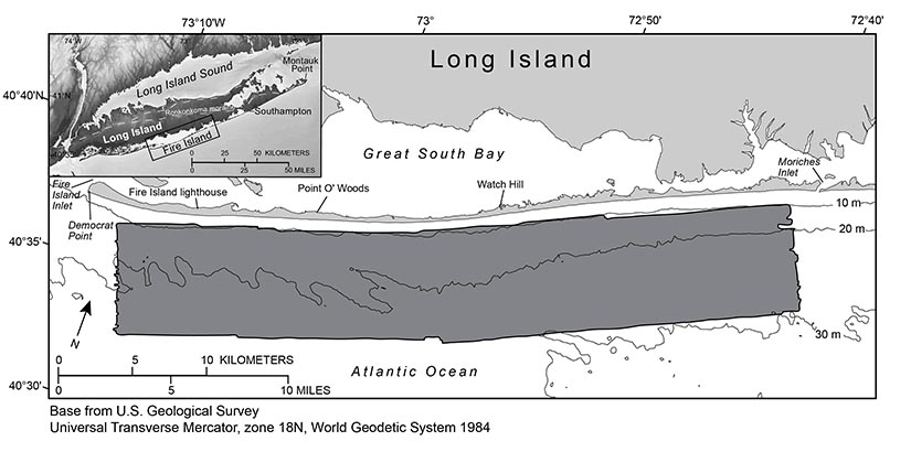 Map showing the survey area offshore of Fire Island, New York, 2011.