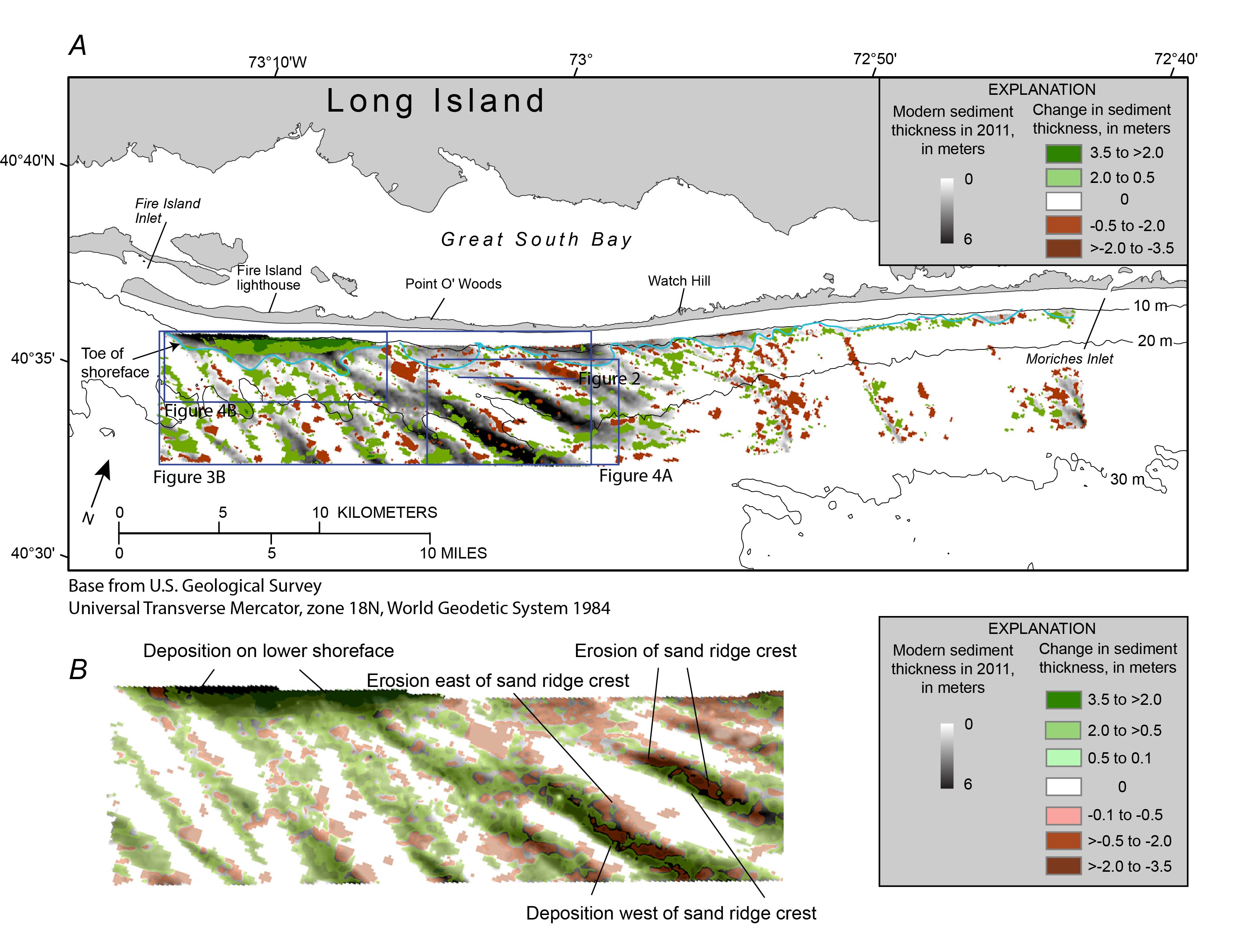 Map showing change in sediment thickness greater than 0.5 meters between 1996&ndash97 and 2011 surveys offshore of Fire Island, New York.