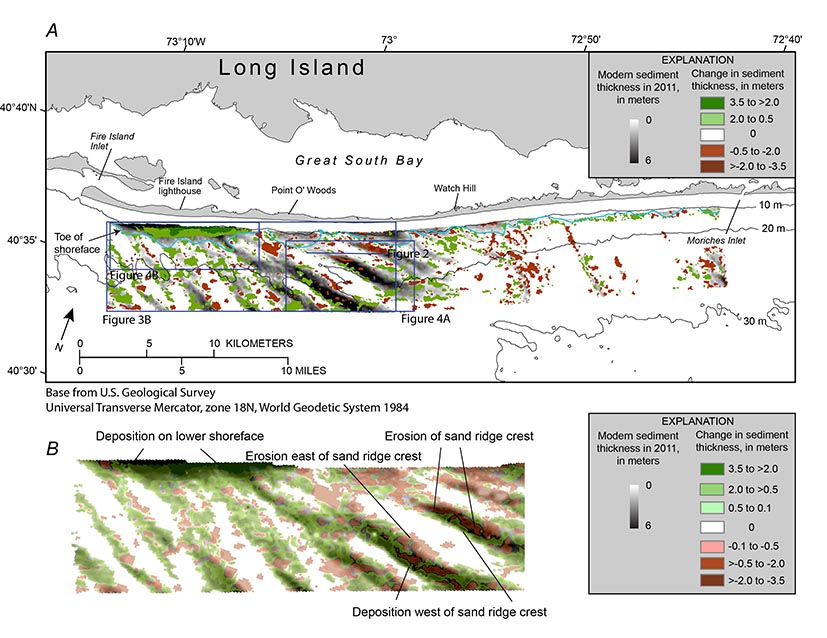 Map showing the change in modern sediment thickness greater tahn 0.5 meters between 1996-7 and 2011 isopachs offshore of Fire Island, New York.