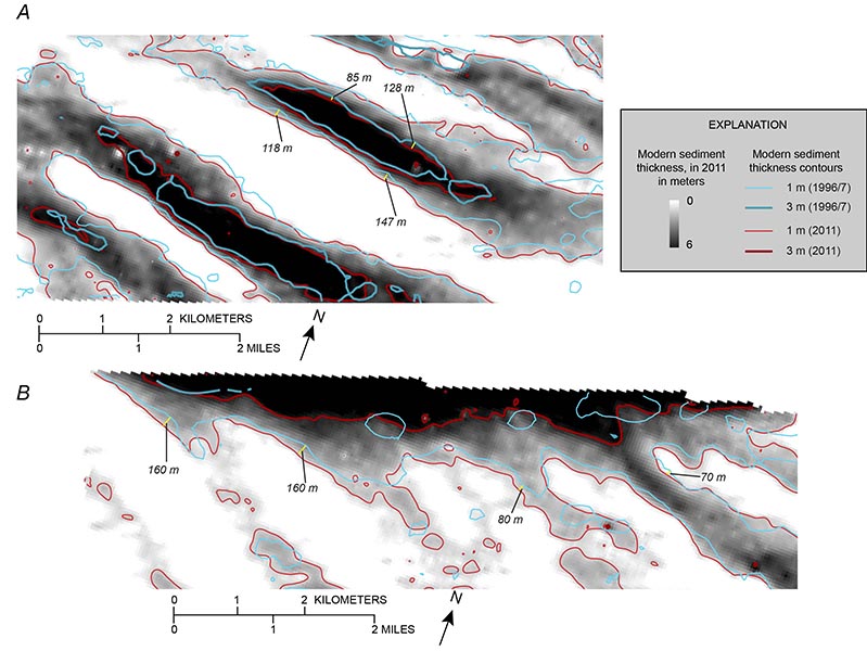 Map showing the 1- and 3-meter contours of sediment thickness from the 1996-7 and 2011 surveys offshore of Fire Island, New York.