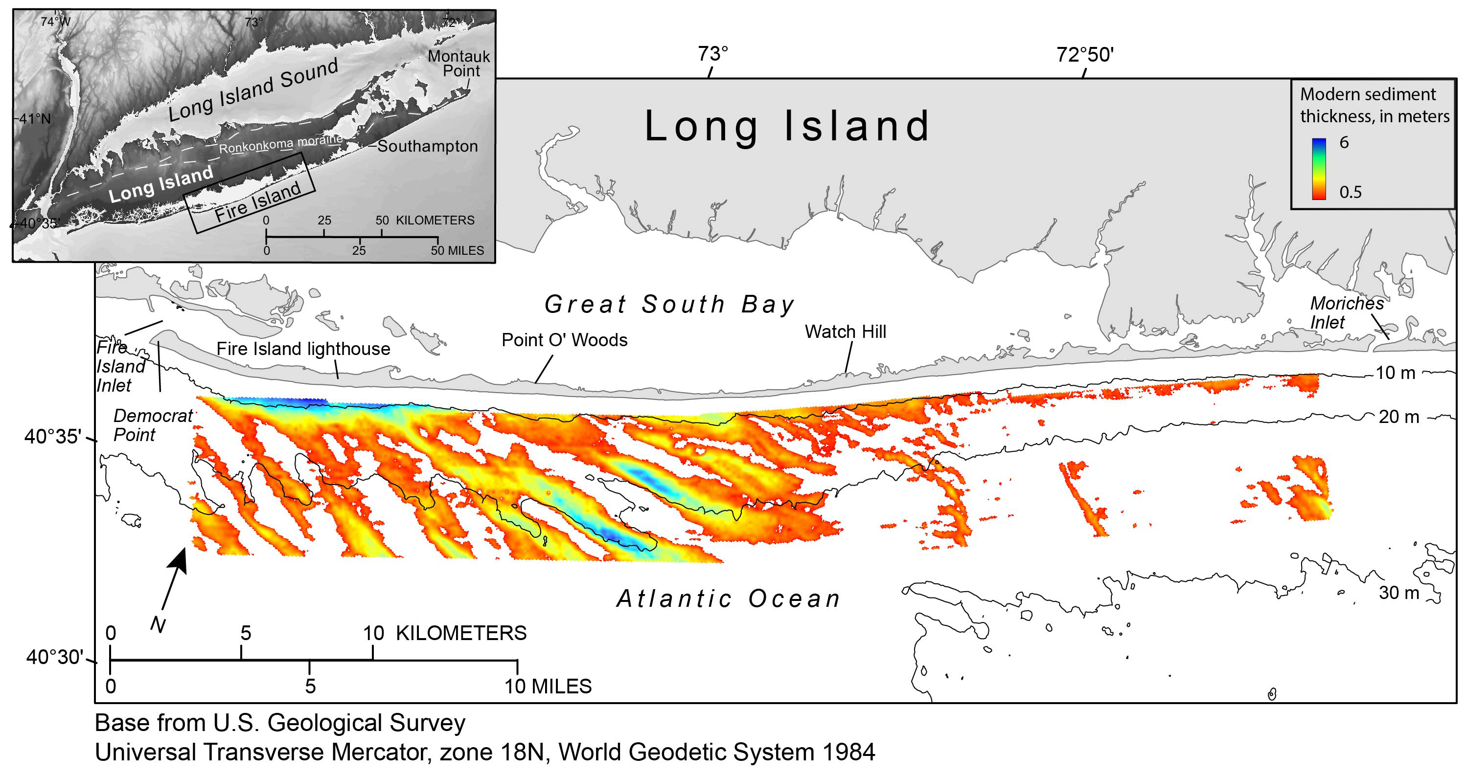 image showing survey location and modern sediment thickness offshore of Fire Island, NY
