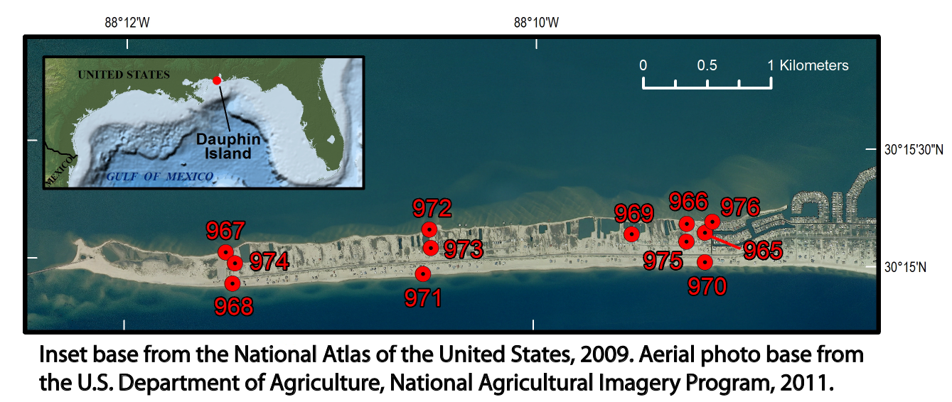 Locations of sites on Dauphin Island, Alabama, used to monitor water levels, atmospheric pressure, and temperatures from July 22 through November 20, 2013.