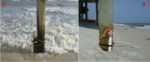 Photographs of well casings strapped to pilings of porches on Dauphin Island, Alabama, in 2013.
