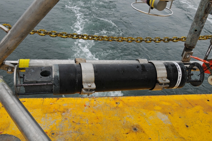 Figure 13,  A laser in situ suspended scattering and transmissometry (LISST) instrument mounted on a minipod. Photograph by Sandra Brosnahan, U.S. Geological Survey.