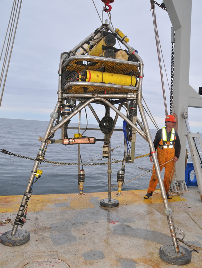 Figure2, A high-resolution flow tripod (Flobee) holding instrumentation to measure flow and sediment resuspension. Photograph by Sandra Brosnahan, U.S. Geological Survey.