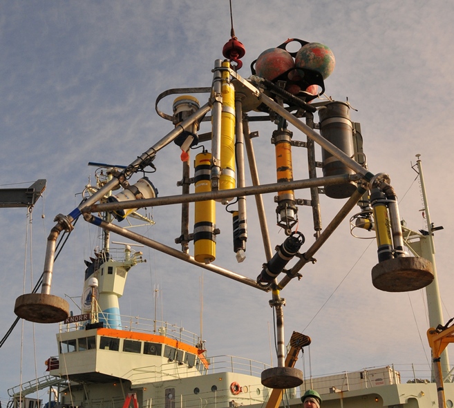 Figure 3, Minipods holding instrumentation to measure the seabed surface and current velocity profiles were deployed at sites 2 and 3. Photograph by Sandra Brosnahan, U.S. Geological Survey.
