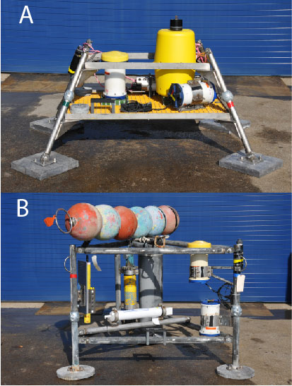 Figure 4,Deployment of A, a nanopod at site 6 and B, micropods at sites 1, 7, 8, and 9. Photographs by Dan Blackwood, U.S. Geological Survey.