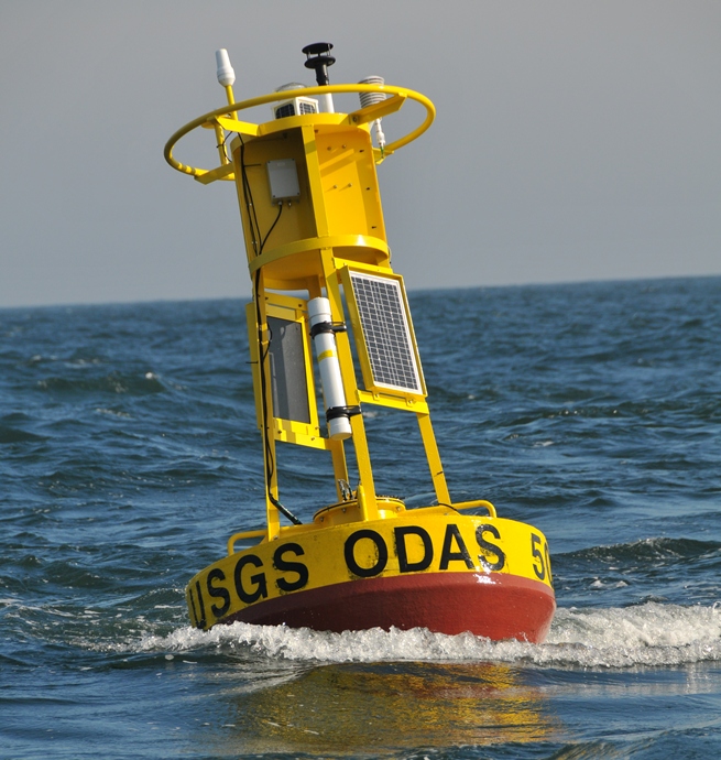Figure 5, The buoys at sites 1, 4, and 8  were equipped with meteorological instrumentation. Photograph by Sandy Baldwin.