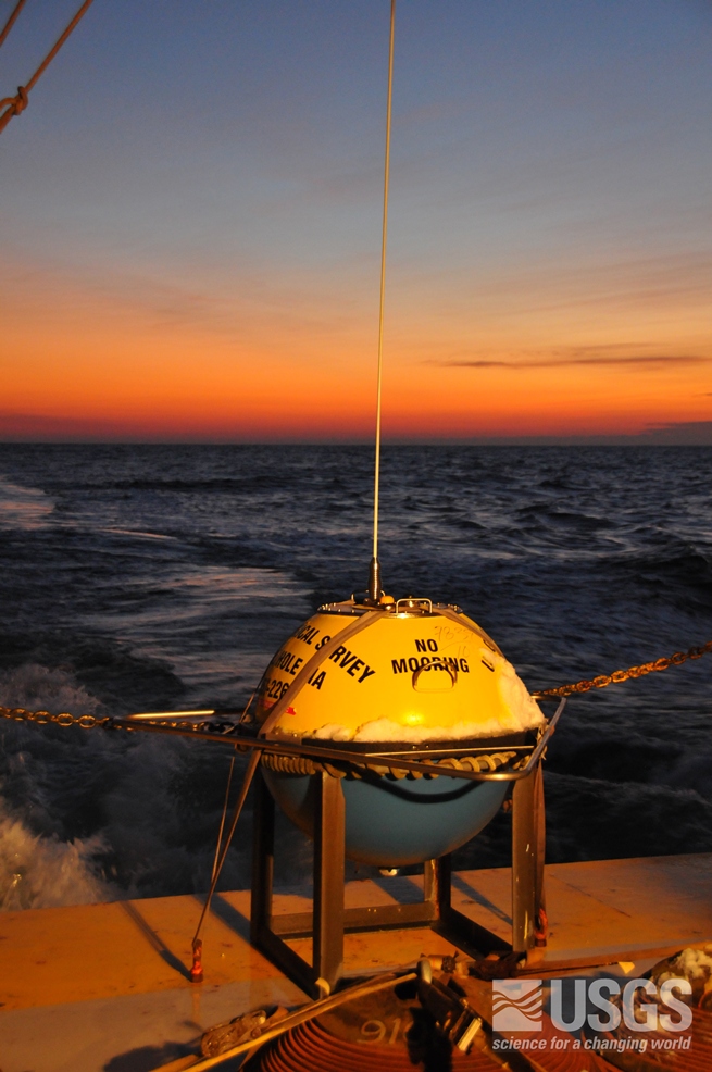 Figure 6.	The Datawell Waverider buoy was deployed at site 9 to measure the incoming wave field Photograph by Sandy Baldwin.
