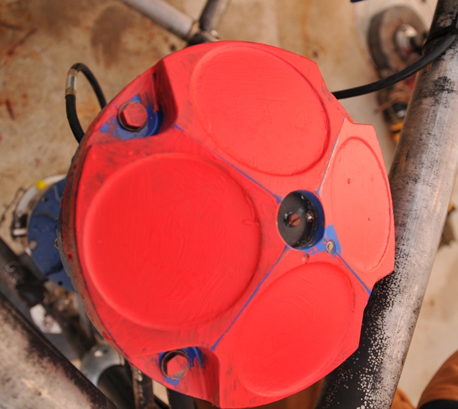 Figure 7, An acoustic Doppler current profiler. Sensors are covered in cayenne antifouling paste. Photograph by Sandra Brosnahan, U.S. Geological Survey.