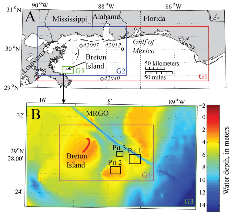 Figure A4-1. Maps showing (A) the location of Breton Island in the Gulf of Mexico, the G1, G2, and G3 numerical model domains, and the three National Data Buoy Center (NDBC) buoys (42040, 42012, and 42007) used in model scenario development and assessment, and (B) the elevations and spatial extent of the G3 model domain, showing the G4 domain as well as the extent of three proposed borrow pits considered in the wave modeling study. The channel running northeast of Breton Island is the Mississippi River Gulf Outlet (MRGO).