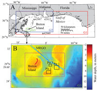 Thumbnail image for Figure A4-1. Maps showing (A) the location of Breton Island in the Gulf of Mexico, the G1, G2, and G3 numerical model domains, and the three National Data Buoy Center (NDBC) buoys (42040, 42012, and 42007) used in model scenario development and assessment, and (B) the elevations and spatial extent of the G3 model domain, showing the G4 domain as well as the extent of three proposed borrow pits considered in the wave modeling study. The channel running northeast of Breton Island is the Mississippi River Gulf Outlet (MRGO).