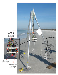 Thumbnail image for Figure 7. Tripod configuration showing the ATRIS system, pressure gauge, and GoPro cameras.