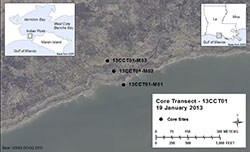 Thumbnail image showing downloadable core site locationon two maps, one showing the islands landmass prior to Hurricane Isaac and one showing the landmass extent after Hurricane Isaac.