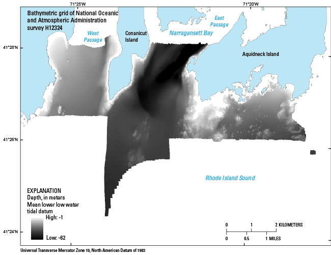 Thumbnail image showing the1-m gridded bathymetry collected during NOAA survey H12324 in UTM Zone 19, NAD 83.