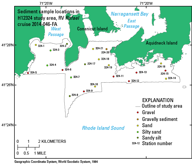 Thumbnail image showing the locations of sediment data collected during R/V Rafael cruise 2014-046 in the H12324 study area in Narragansett Bay