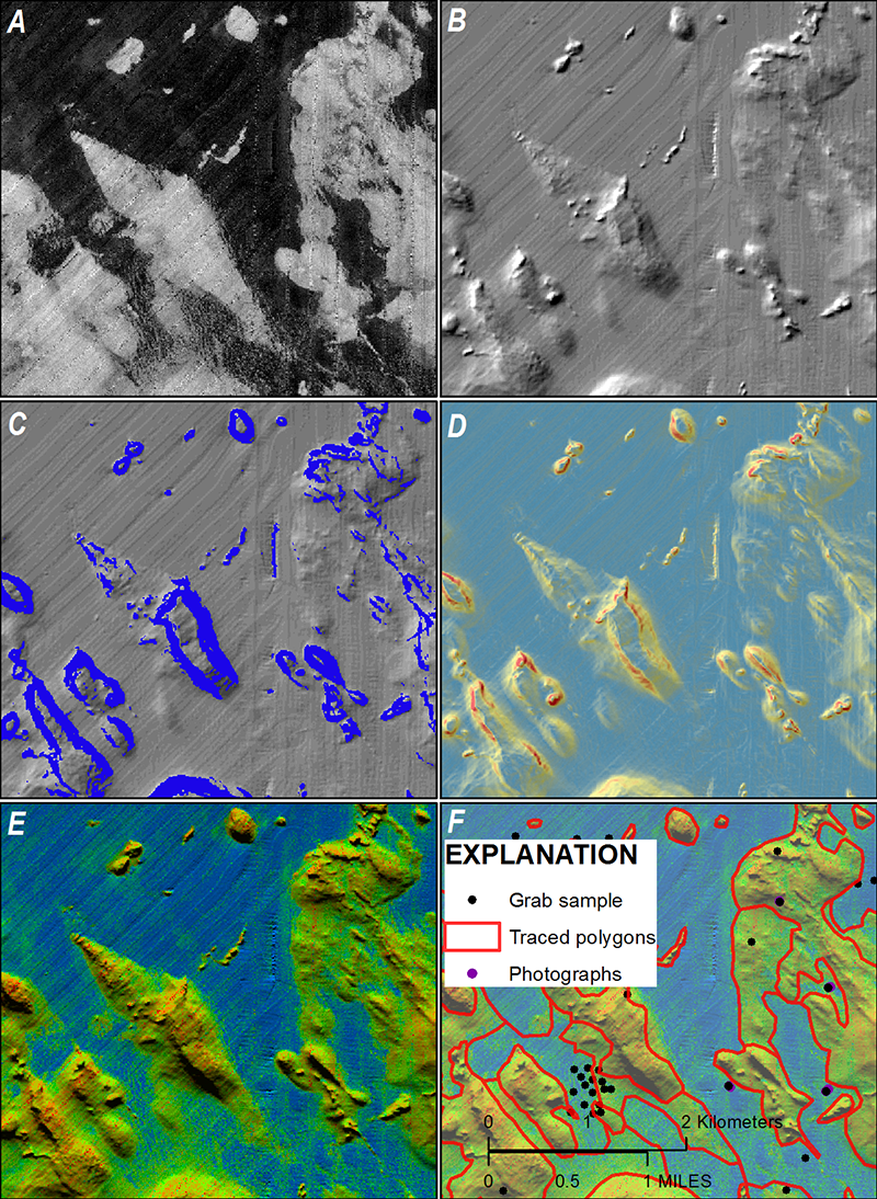 Six images that describe how sediment texture polygons were created in ArcGIS by using A, backscatter data, where areas of high backscatter intensity (light tones) have strong acoustic reflections and suggest boulders, gravels, and generally coarse sea-floor sediments ,and areas of low backscatter intensity (dark tones) have weak acoustic reflections and generally are characterized by fine-grained material such as muds and fine sands; B, hillshaded relief imagery, which creates a three-dimensional effect to provide a sense of topographic relief; C, rugosity, where blue polygons outline areas of variation or frequent amplitude changes in topography, often referred to as surface roughness; D, slope, where warm colors represent steeper areas of the map and cool colors represent flatter areas; and E, pseudocolored multibeam backscatter intensity (Butman and others, 2007), which combines backscatter and hillshaded relief. Each data type can provide useful information in a given area when defining texture boundaries. F, Bottom samples and photographs are used to assign a sediment texture within each polygon drawn on the basis of geophysical data and derivatives such as B–E.