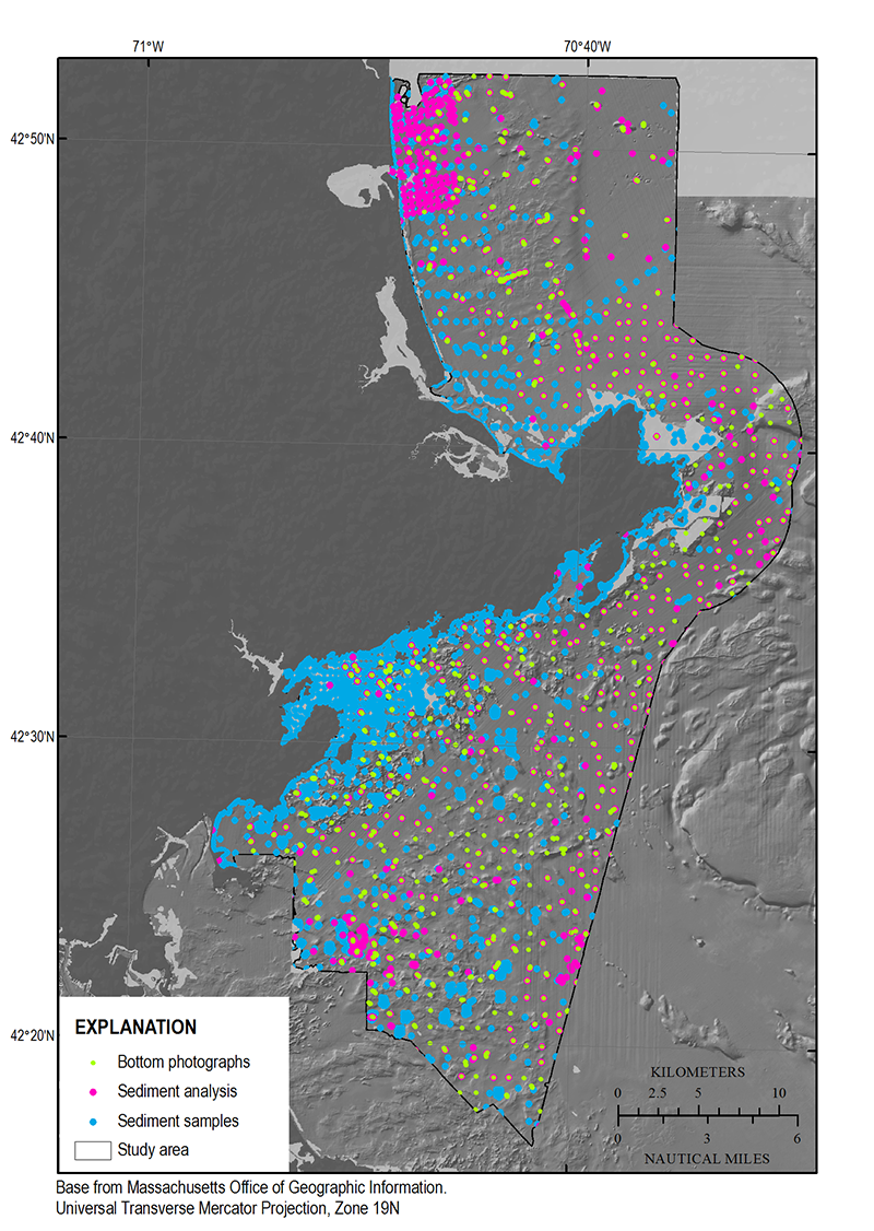 Image of bottom photograph locations (Barnhardt and others, 2006, 2009; Gutierrez and others, 2000; green dots) and sediment samples collected within the study area and used to aid interpretations. Sediment samples with laboratory analysis are shown as magenta dots, while blue dots are visual descriptions. 
