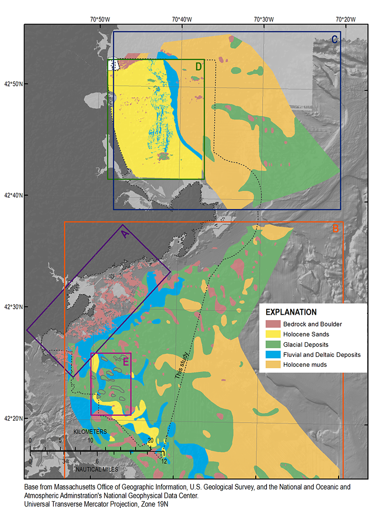 Image of a generalized geologic map created by combining previously published stratigraphic interpretations within the study area and new interpretation for western Massachusetts Bay. The stratigraphic correlation of units in this map is shown in figure 6. 