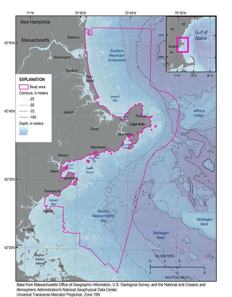 Location map of the study area (outlined in pink) that extends from offshore of Hull to Salisbury, Massachusetts, near the New Hampshire border. The outline is the extent of the surficial-sediment texture map and includes Western Massachusetts Bay and the Southern Merrimack Embayment