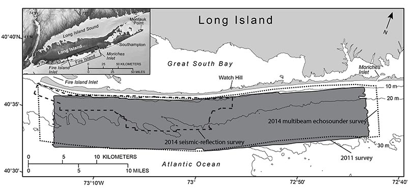 Map showing the 2011 and 2014 surveys offshore of Fire Island, New York