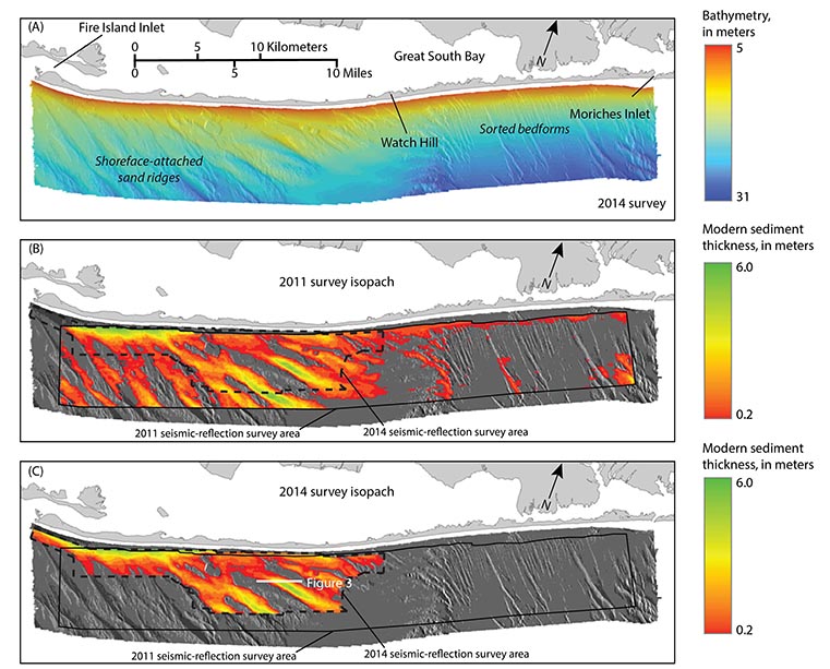 Map showing multibeam echosounder bathymetry collected offshore of Fire Island, New York in 2014 and the thickness of modern sediment derived from seismic-reflection data collected offshore of Fire Island, New York in 2011 and 2014.