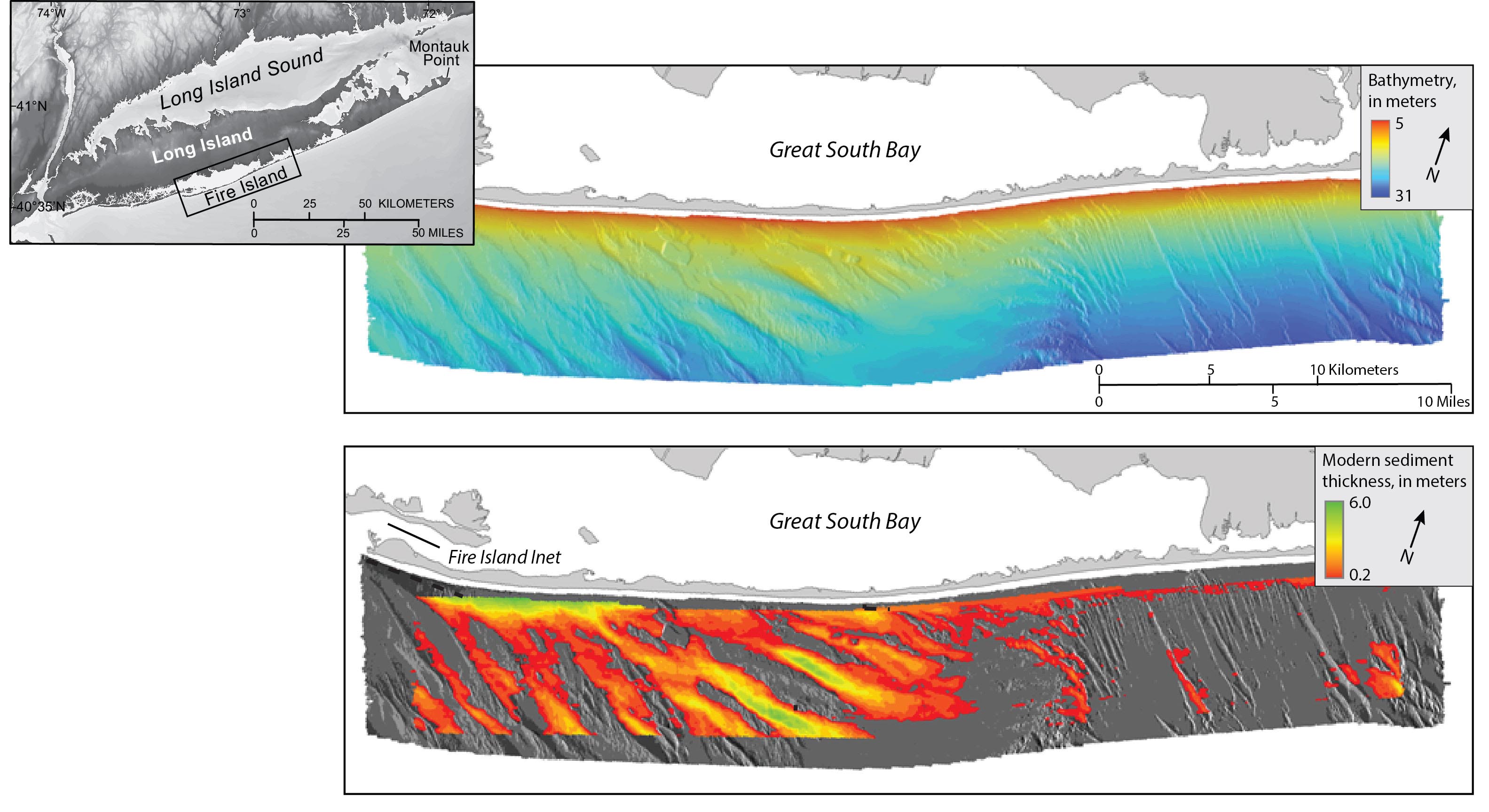 image showing survey location, bathymetry and modern sediment thickness offshore of Fire Island, NY