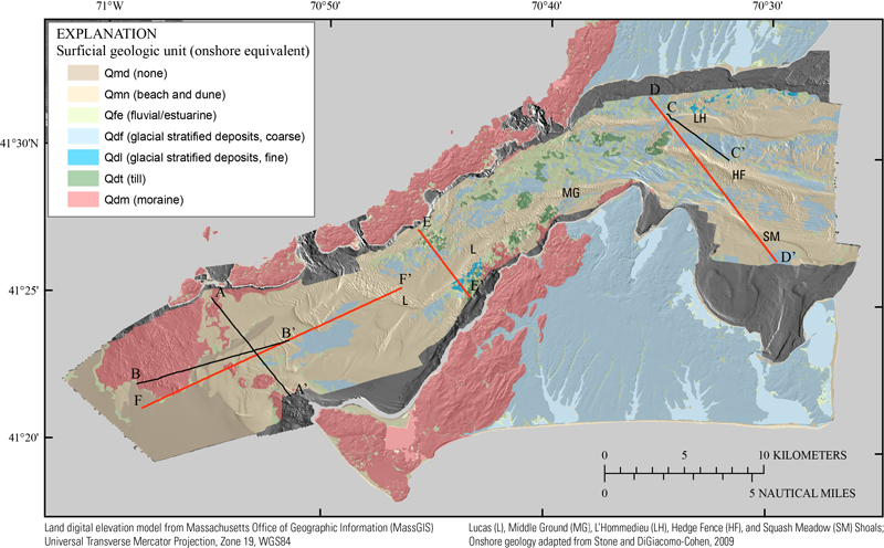 Map showing the surficial geology of Vineyard and western Nantucket sounds with equivalent onshore glacial geology (adapted from Stone and DiGiacomo-Cohen, 2009).