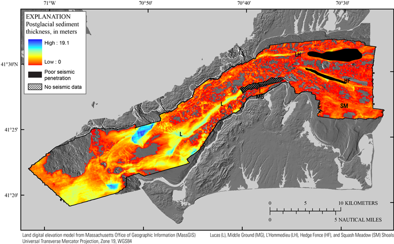 Map showing the thickness of postglacial fluvial and estuarine (Qfe) and Holocene nearshore and deepwater marine (Qmn and Qmd, respectively) sediments beneath Vineyard and western Nantucket sounds.