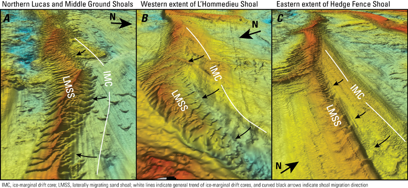 Three oblique bathymetric views of the seafloor surrounding <em>A</em>, Lucas and Middle Ground Shoals, <em>B</em>, L’Hommedieu Shoal, and <em>C</em>, Hedge Fence Shoal illustrating how the sandy Holocene components of each shoal are oriented obliquely to the trends of their underlying ice-marginal drift ridge cores.