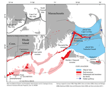 Thumbnail image for Figure 2, Map showing glacial moraines on land and submerged moraines in the Cape Cod and Islands Region and link to larger image.