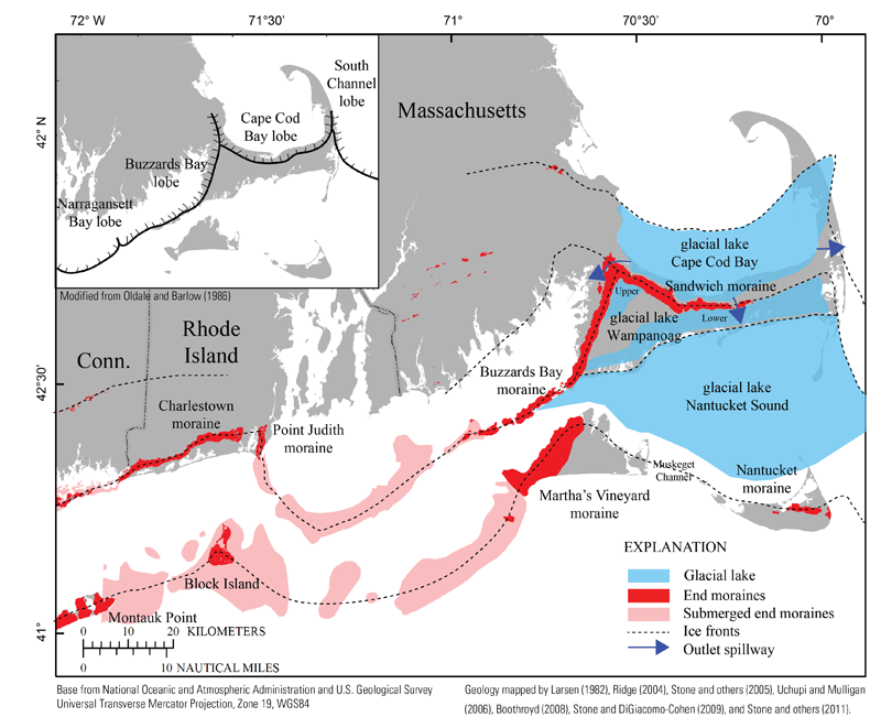 Map showing glacial moraines on land and submerged on the continental shelf, ice-front locations for southern New England, and glacial lakes and associated outlet spillways.