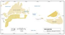 Thumbnail image for Figure 3, Map showing tracklines along which bathymetric data were collected in the survey areas, south of Martha's Vineyard and north of Nantucket, Massachusetts