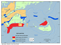 Figure 8.	Map showing the location of additional geophyscial data in Massachusetts waters adjacent to the survey areas south of Martha's Vineyard and north of Nantucket (red polygons). 