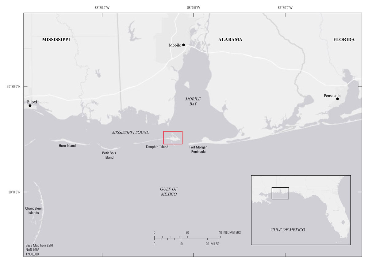Regional map showing the location of Dauphin Island on Alabama's Gulf coast.