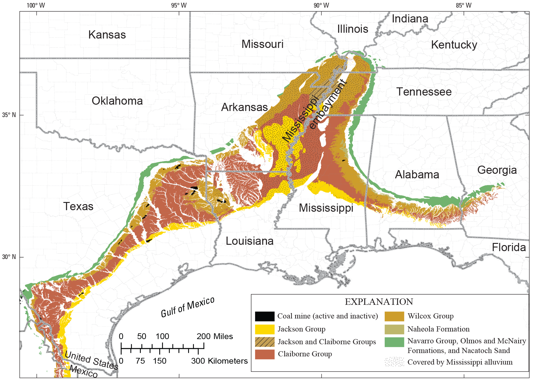 Map showing primary coal-bearing unit outcrops as colored areas and coal mine locations
                        as black areas.