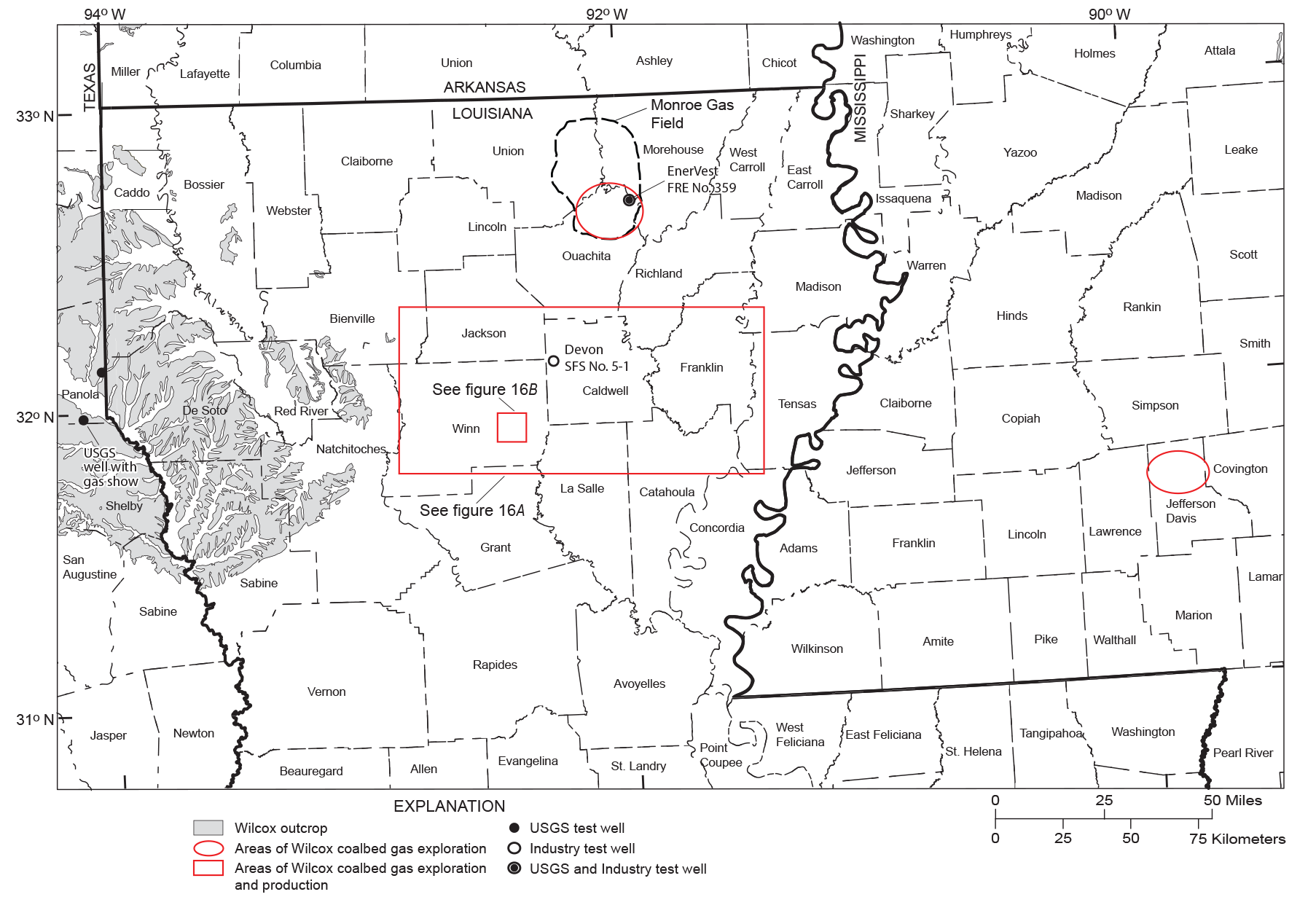 Wilcox Group outcrops as shaded areas, 3 kinds of test wells, and gas exploration
                        and production areas as red shapes.