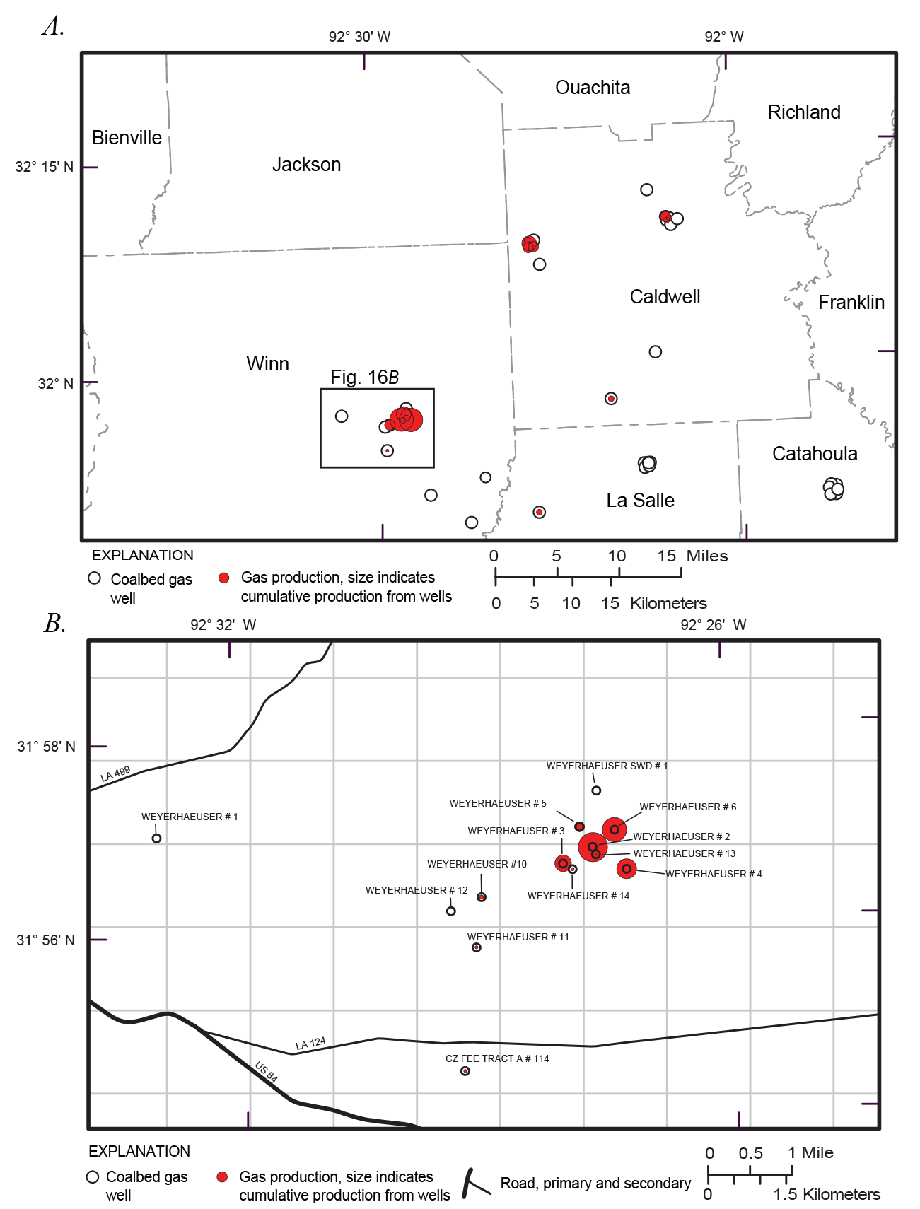 Points on two maps where the size of the red fill indicates relative well production.