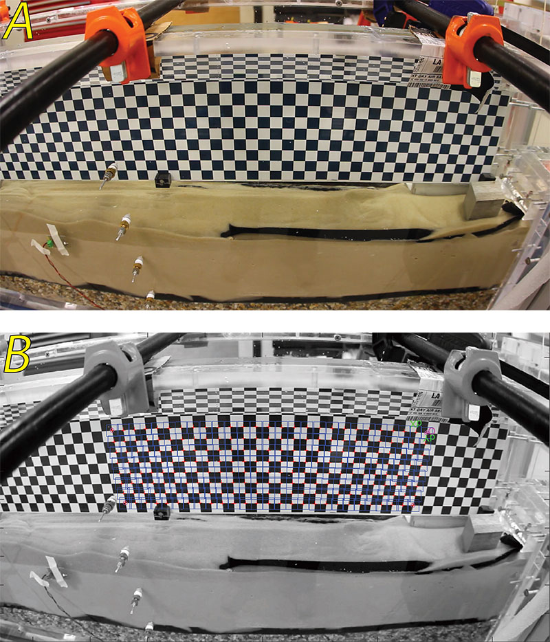 Reference checkerboard placed in the tank after the experiments (A) and the automatically extracted grid corners found during image processing (B).