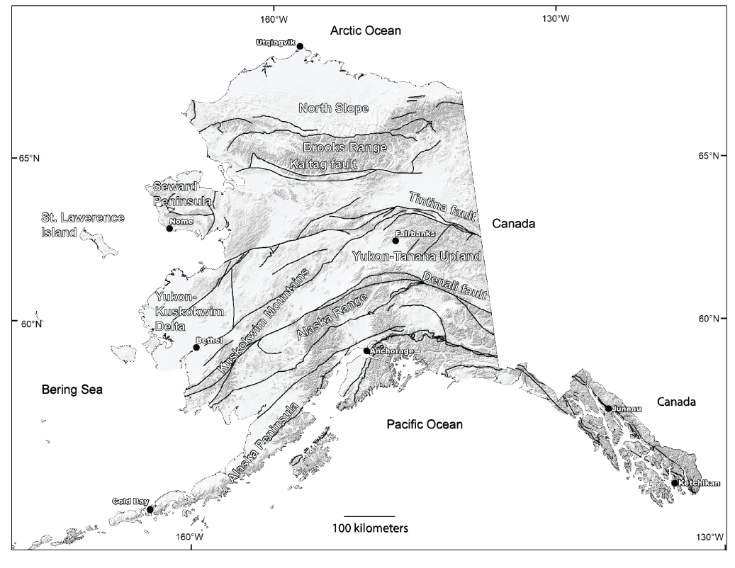 Reference map of Alaska showing geographical distribution of features, population
                     centers, and major faults.